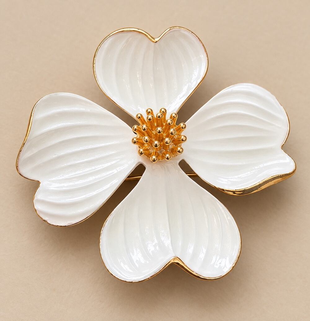 Vintage white and gold tone flower brooch